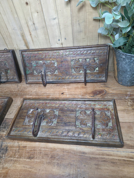 Vintage Rustic Hand Carved Reclaimed Indian Wooden Coat Hooks