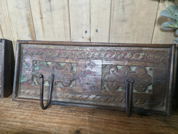 Vintage Rustic Hand Carved Reclaimed Indian Wooden Coat Hooks