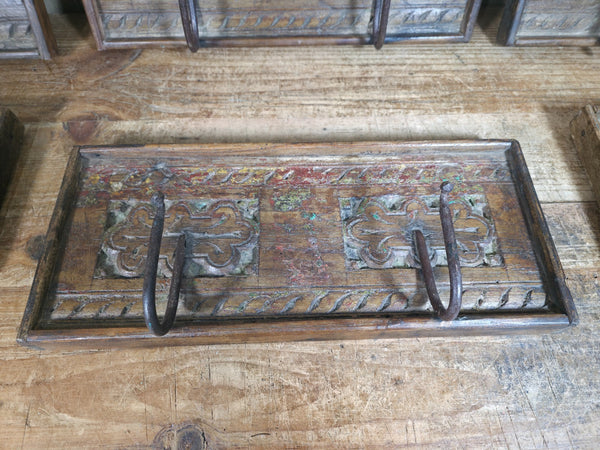 Vintage Rustic Hand Carved Reclaimed Indian Wooden Coat Hooks