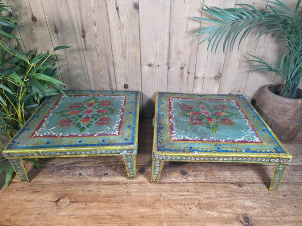 Vintage Indian Hand Painted Low Metal Bajot Coffee Side Table Plant Stand
