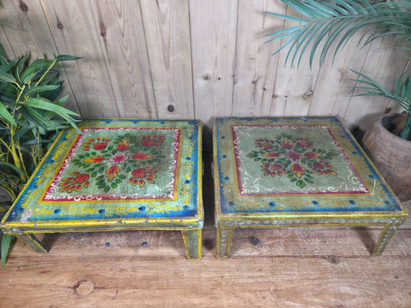 Vintage Indian Hand Painted Low Metal Bajot Coffee Side Table Plant Stand