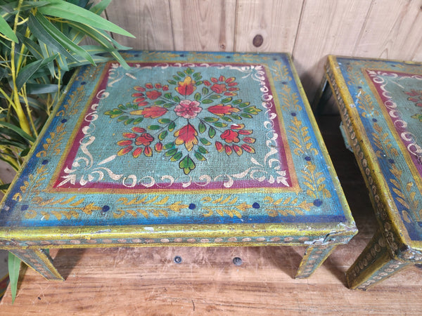 Vintage Indian Hand Painted Low Metal Bajot Coffee Side Table Plant Stand