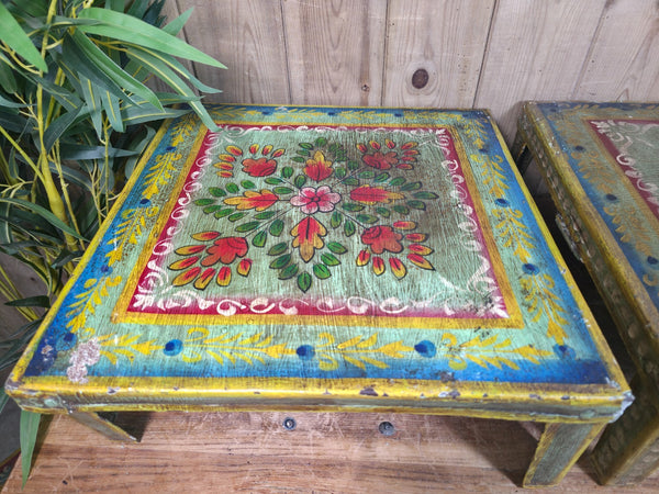 Vintage Indian Hand Painted Low Metal Bajot Coffee Side Table Plant Stand