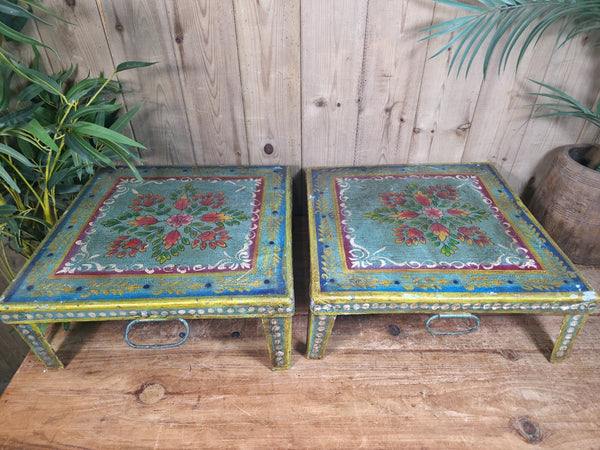Vintage Indian Hand Painted Low Metal Bajot Coffee Side Table Plant Stand