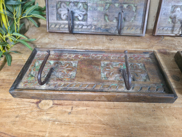 Vintage Rustic Hand Carved Reclaimed Indian Wooden Coat Hooks