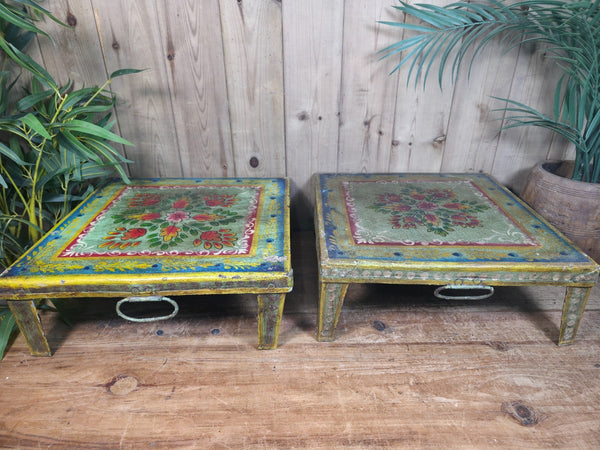 Vintage Indian Hand Painted Low Metal Bajot Coffee Side Table Plant Stand