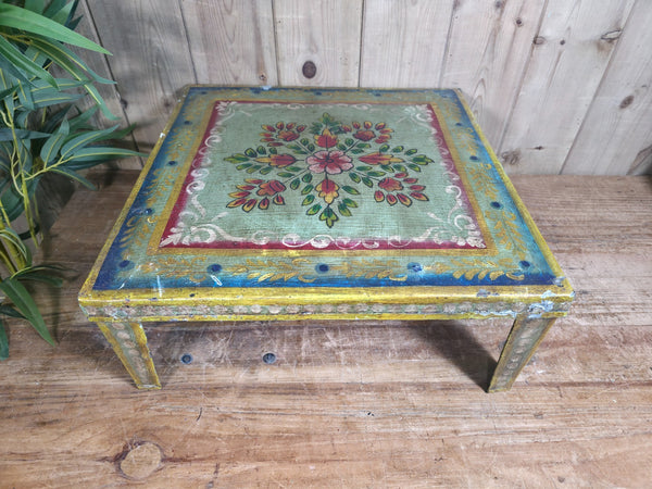 Vintage Indian Hand Painted Low Metal Bajot Coffee Side Table Plant Stand