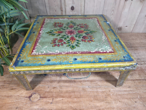 Vintage Indian Hand Painted Low Metal Bajot Coffee Side Table Plant Stand