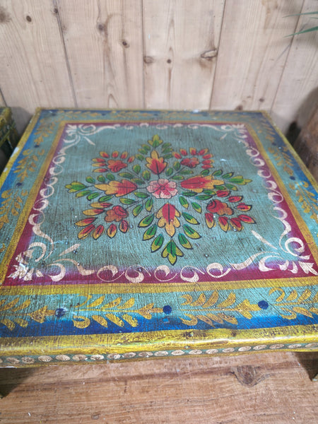 Vintage Indian Hand Painted Low Metal Bajot Coffee Side Table Plant Stand