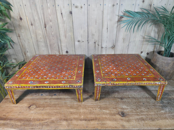 Vintage Indian Hand Painted Low Metal Bajot Coffee Side Table Plant Stand