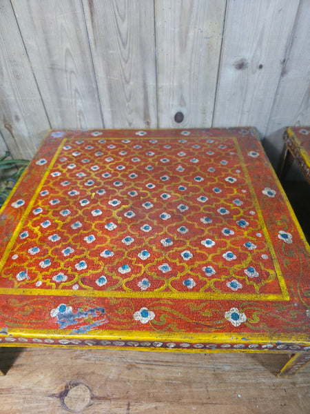Vintage Indian Hand Painted Low Metal Bajot Coffee Side Table Plant Stand