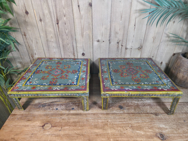 Vintage Indian Hand Painted Low Metal Bajot Coffee Side Table Plant Stand