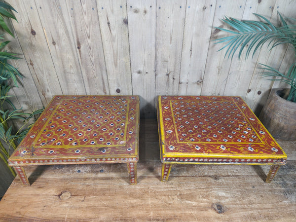 Vintage Indian Hand Painted Low Metal Bajot Coffee Side Table Plant Stand