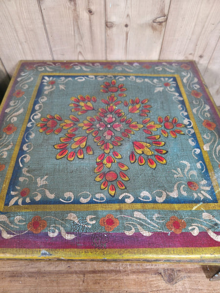 Vintage Indian Hand Painted Low Metal Bajot Coffee Side Table Plant Stand