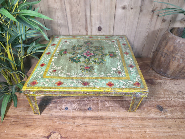 Vintage Indian Hand Painted Low Metal Bajot Coffee Side Table Plant Stand