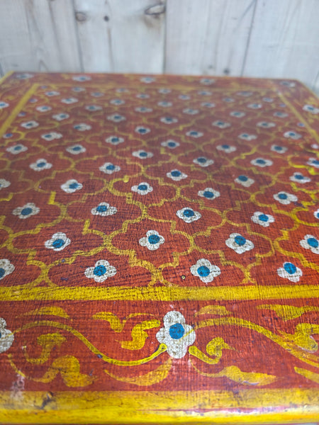 Vintage Indian Hand Painted Low Metal Bajot Coffee Side Table Plant Stand