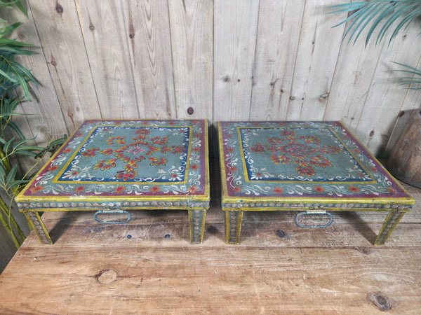 Vintage Indian Hand Painted Low Metal Bajot Coffee Side Table Plant Stand