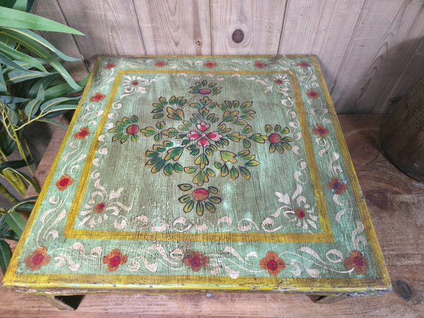 Vintage Indian Hand Painted Low Metal Bajot Coffee Side Table Plant Stand