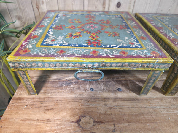 Vintage Indian Hand Painted Low Metal Bajot Coffee Side Table Plant Stand