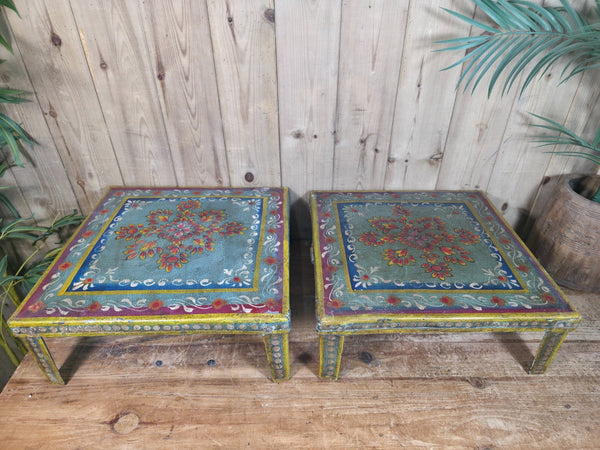 Vintage Indian Hand Painted Low Metal Bajot Coffee Side Table Plant Stand