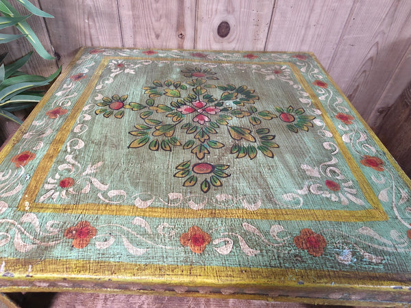 Vintage Indian Hand Painted Low Metal Bajot Coffee Side Table Plant Stand