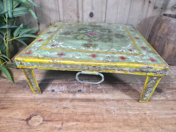Vintage Indian Hand Painted Low Metal Bajot Coffee Side Table Plant Stand