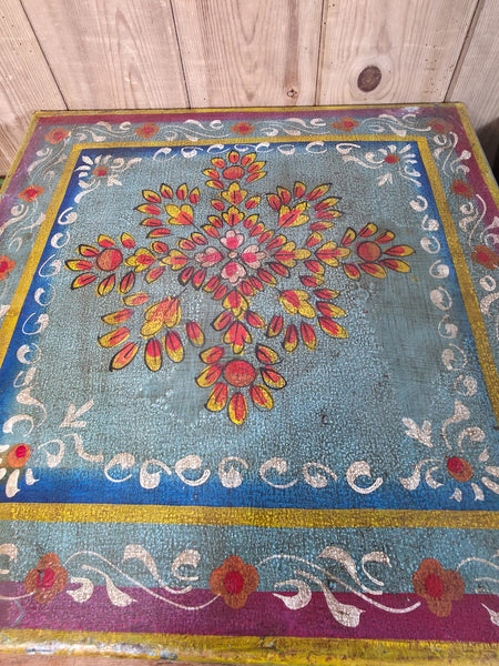 Vintage Indian Hand Painted Low Metal Bajot Coffee Side Table Plant Stand
