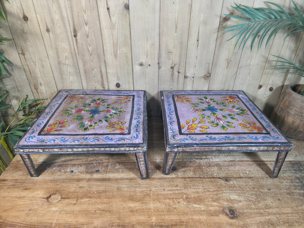 Vintage Indian Hand Painted Low Metal Bajot Coffee Side Table Plant Stand