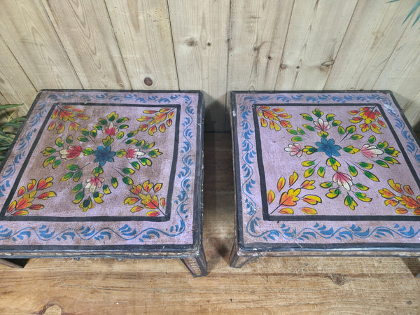 Vintage Indian Hand Painted Low Metal Bajot Coffee Side Table Plant Stand