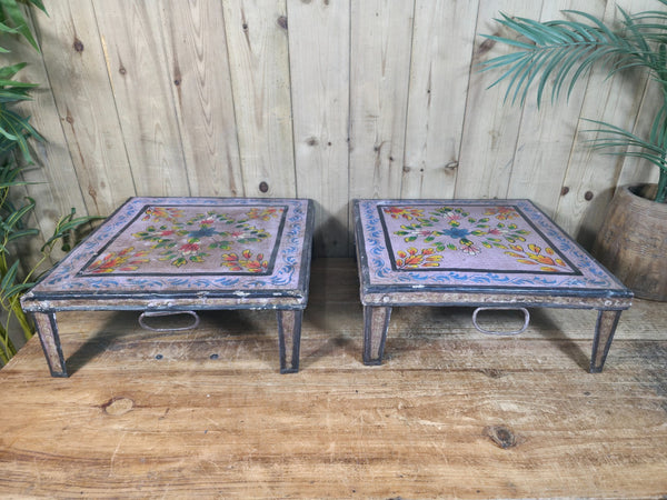 Vintage Indian Hand Painted Low Metal Bajot Coffee Side Table Plant Stand
