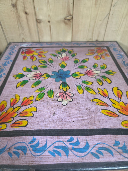 Vintage Indian Hand Painted Low Metal Bajot Coffee Side Table Plant Stand