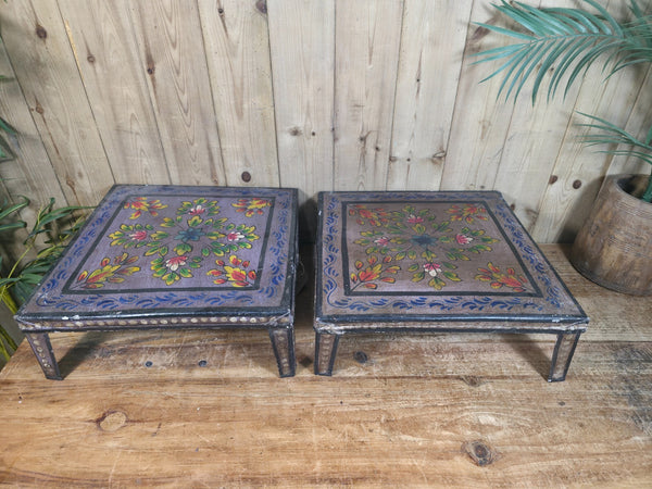 Vintage Indian Hand Painted Low Metal Bajot Coffee Side Table Plant Stand