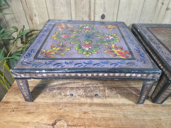 Vintage Indian Hand Painted Low Metal Bajot Coffee Side Table Plant Stand