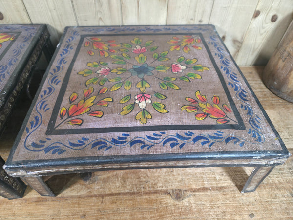Vintage Indian Hand Painted Low Metal Bajot Coffee Side Table Plant Stand