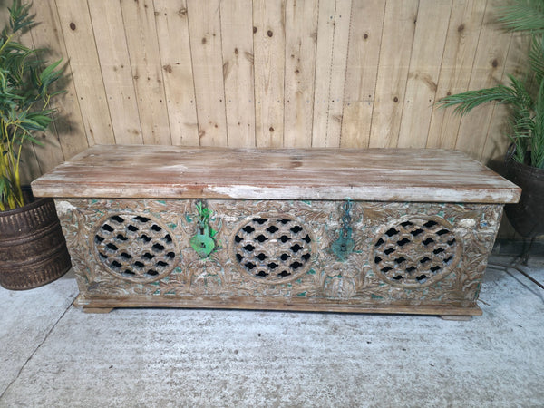 Vintage Reclaimed Indian Hand Carved Solid Wooden Ottoman Blanket Box Trunk