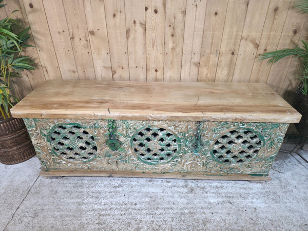 Vintage Reclaimed Indian Hand Carved Solid Wooden Ottoman Blanket Box Trunk