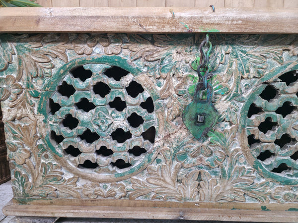 Vintage Reclaimed Indian Hand Carved Solid Wooden Ottoman Blanket Box Trunk