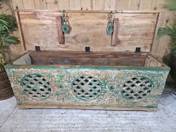 Vintage Reclaimed Indian Hand Carved Solid Wooden Ottoman Blanket Box Trunk