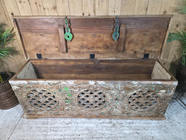 Vintage Reclaimed Indian Hand Carved Solid Wooden Ottoman Blanket Box Trunk