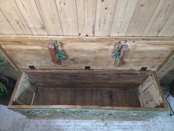 Vintage Reclaimed Indian Hand Carved Solid Wooden Ottoman Blanket Box Trunk