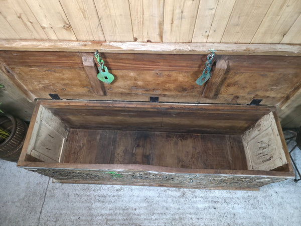 Vintage Reclaimed Indian Hand Carved Solid Wooden Ottoman Blanket Box Trunk