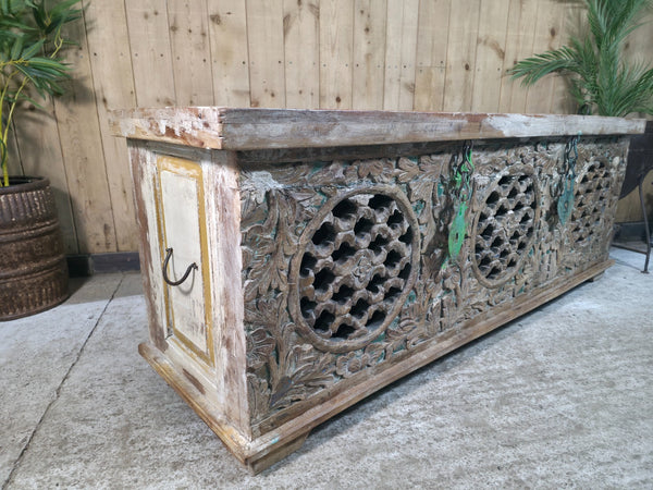 Vintage Reclaimed Indian Hand Carved Solid Wooden Ottoman Blanket Box Trunk