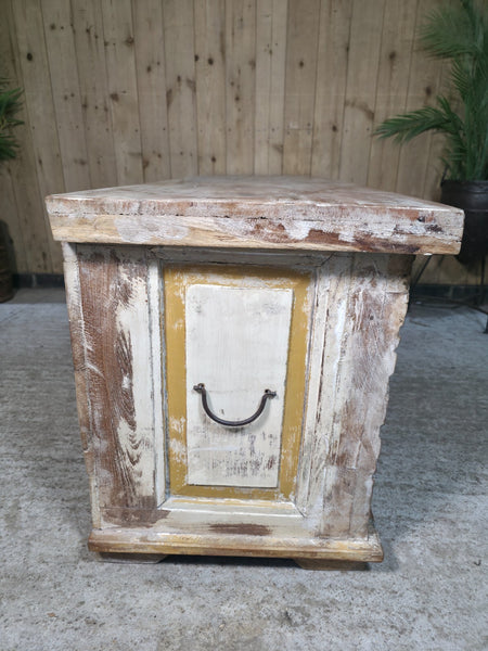 Vintage Reclaimed Indian Hand Carved Solid Wooden Ottoman Blanket Box Trunk