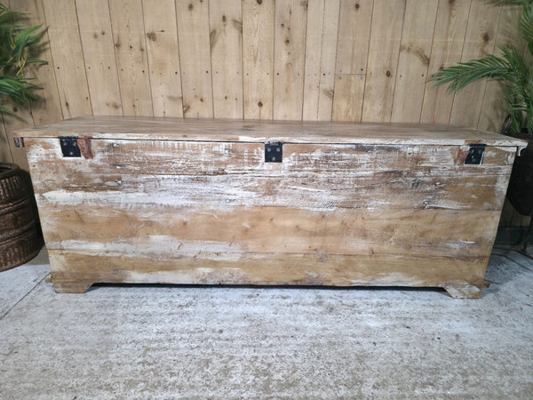 Vintage Reclaimed Indian Hand Carved Solid Wooden Ottoman Blanket Box Trunk