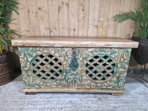 Vintage Reclaimed Indian Hand Carved Solid Wooden Ottoman Blanket Box Trunk