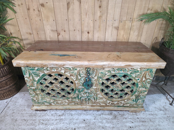 Vintage Reclaimed Indian Hand Carved Solid Wooden Ottoman Blanket Box Trunk