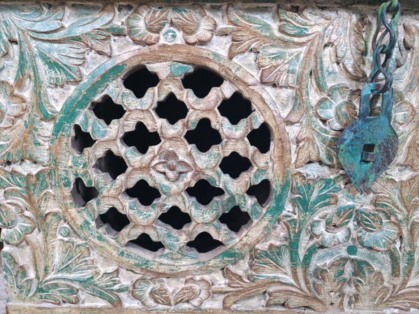 Vintage Reclaimed Indian Hand Carved Solid Wooden Ottoman Blanket Box Trunk