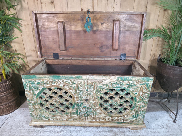 Vintage Reclaimed Indian Hand Carved Solid Wooden Ottoman Blanket Box Trunk