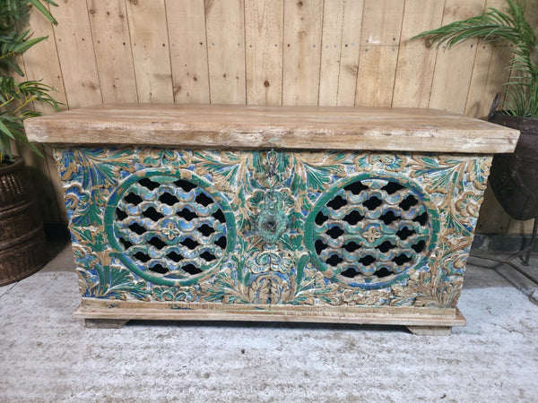 Vintage Reclaimed Indian Hand Carved Solid Wooden Ottoman Blanket Box Trunk
