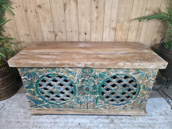 Vintage Reclaimed Indian Hand Carved Solid Wooden Ottoman Blanket Box Trunk